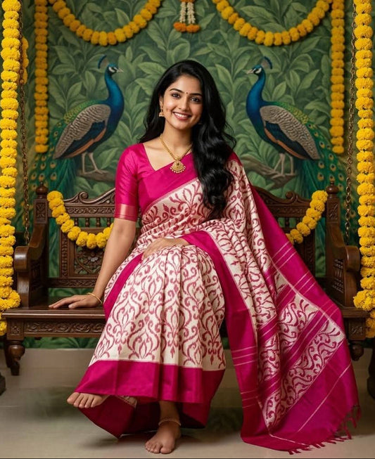 Off-White Magenta Pochampally Ikkat Silk Saree with Swirl Motifs