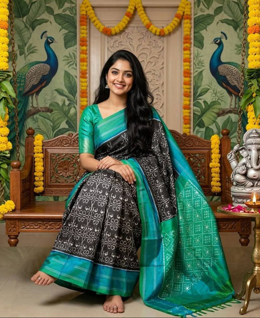Black and Sea Green Pochampally Ikkat Pure Silk Saree