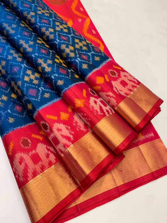 Teal Blue Pochampally Ikkat Silk Saree with Red Border
