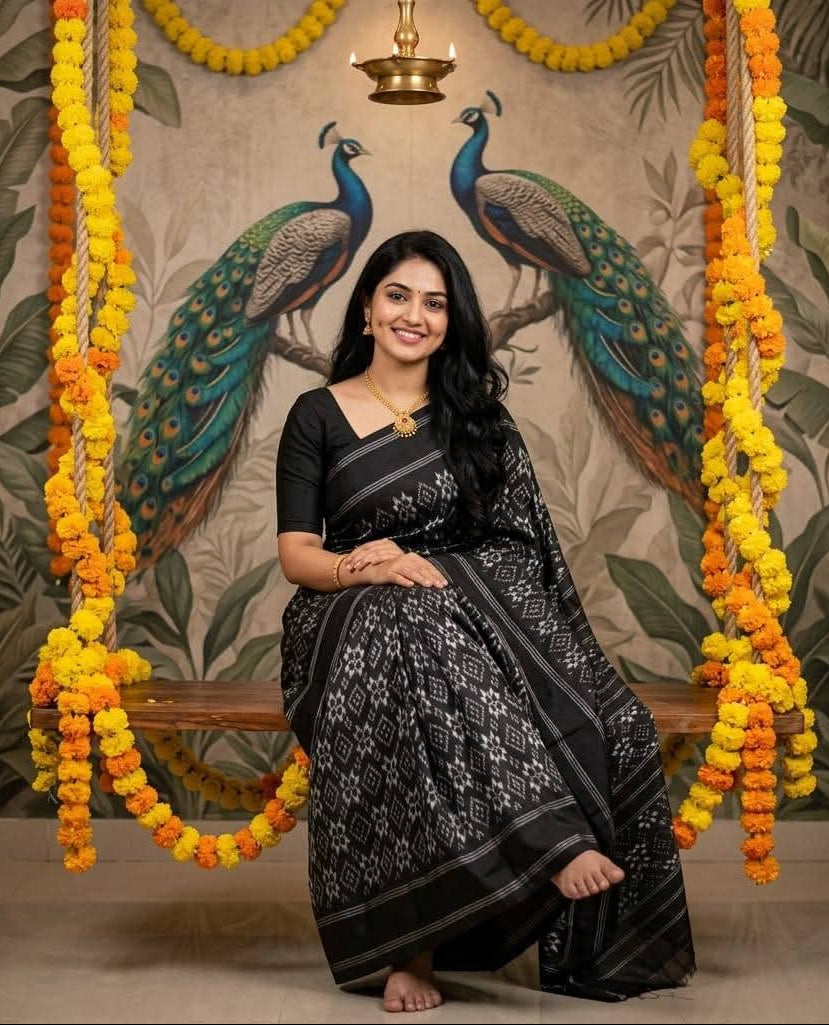 Black and White Pochampally Ikkat Silk Saree Silver Zari
