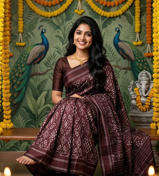 Deep Chocolate Brown Pochampally Ikkat Silk Saree Silver Zari