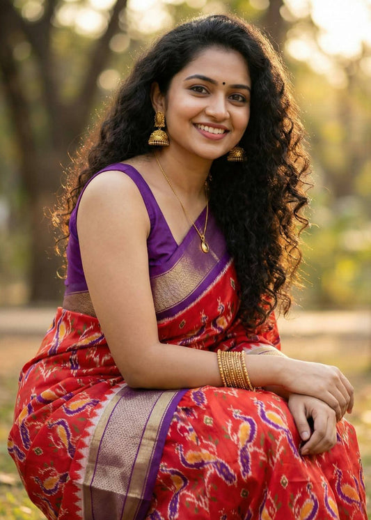 Red and Purple Pochampally Ikkat Silk Saree Gold Zari