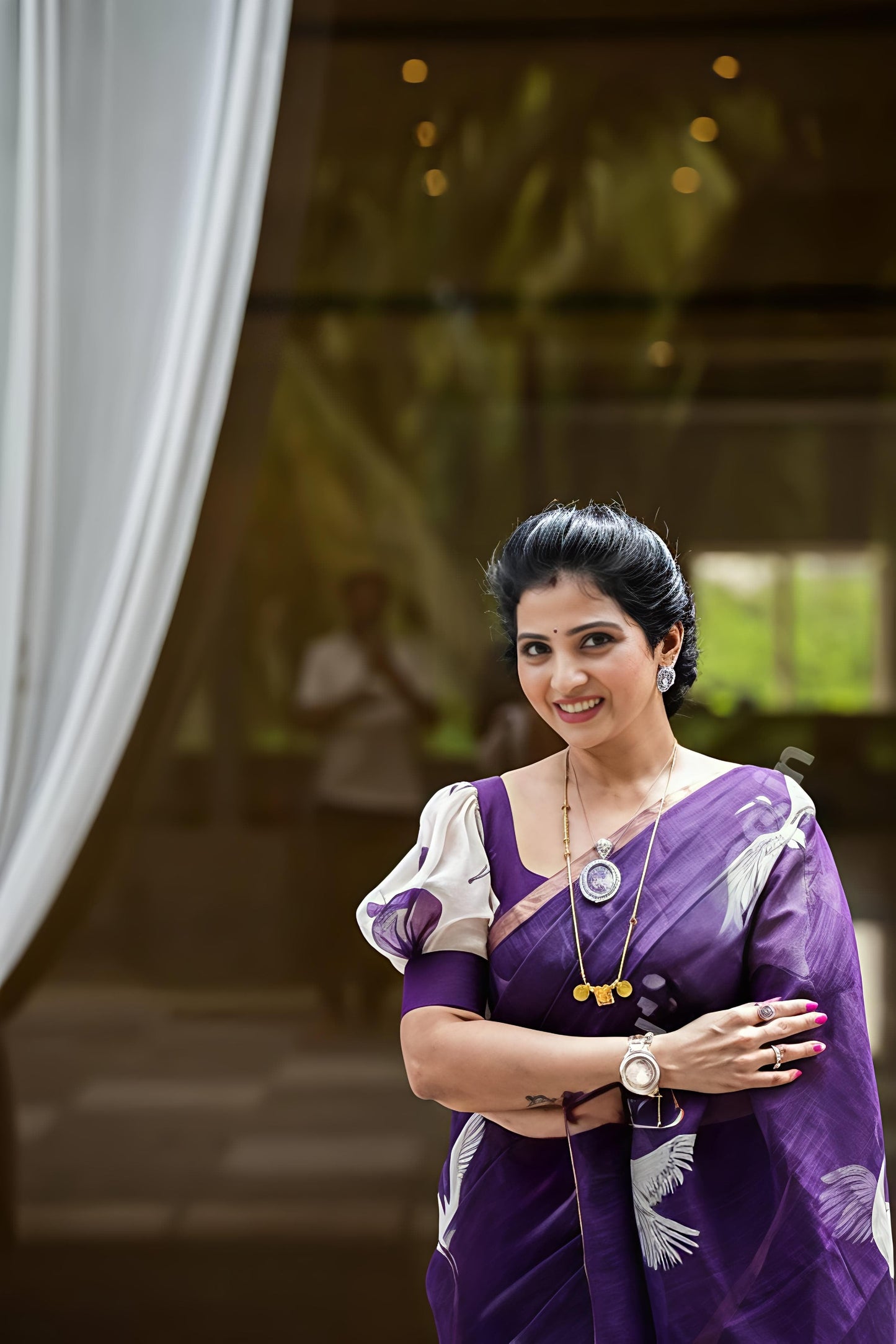 Elegant Purple Chanderi Cotton Saree With Crane Bird Print