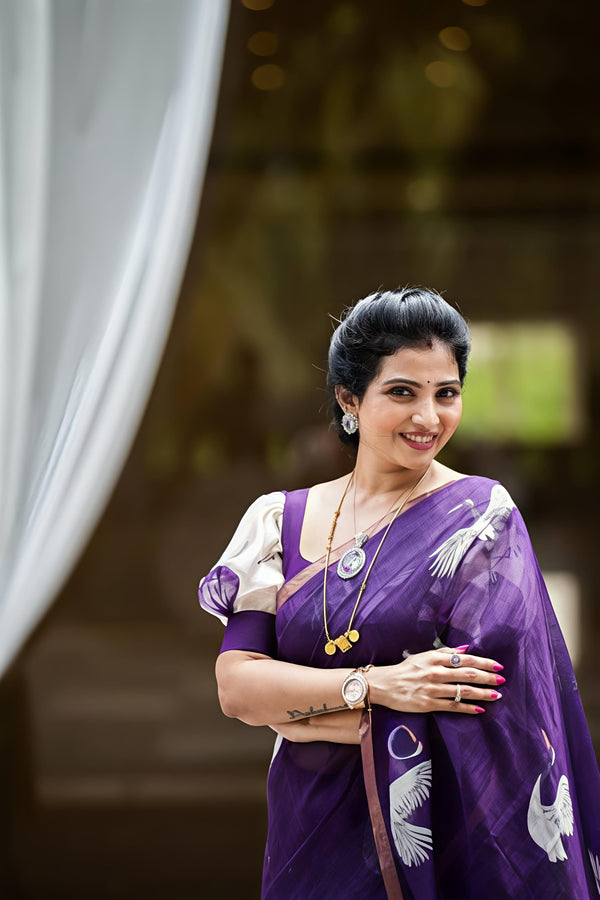 Elegant Purple Chanderi Cotton Saree With Crane Bird Print