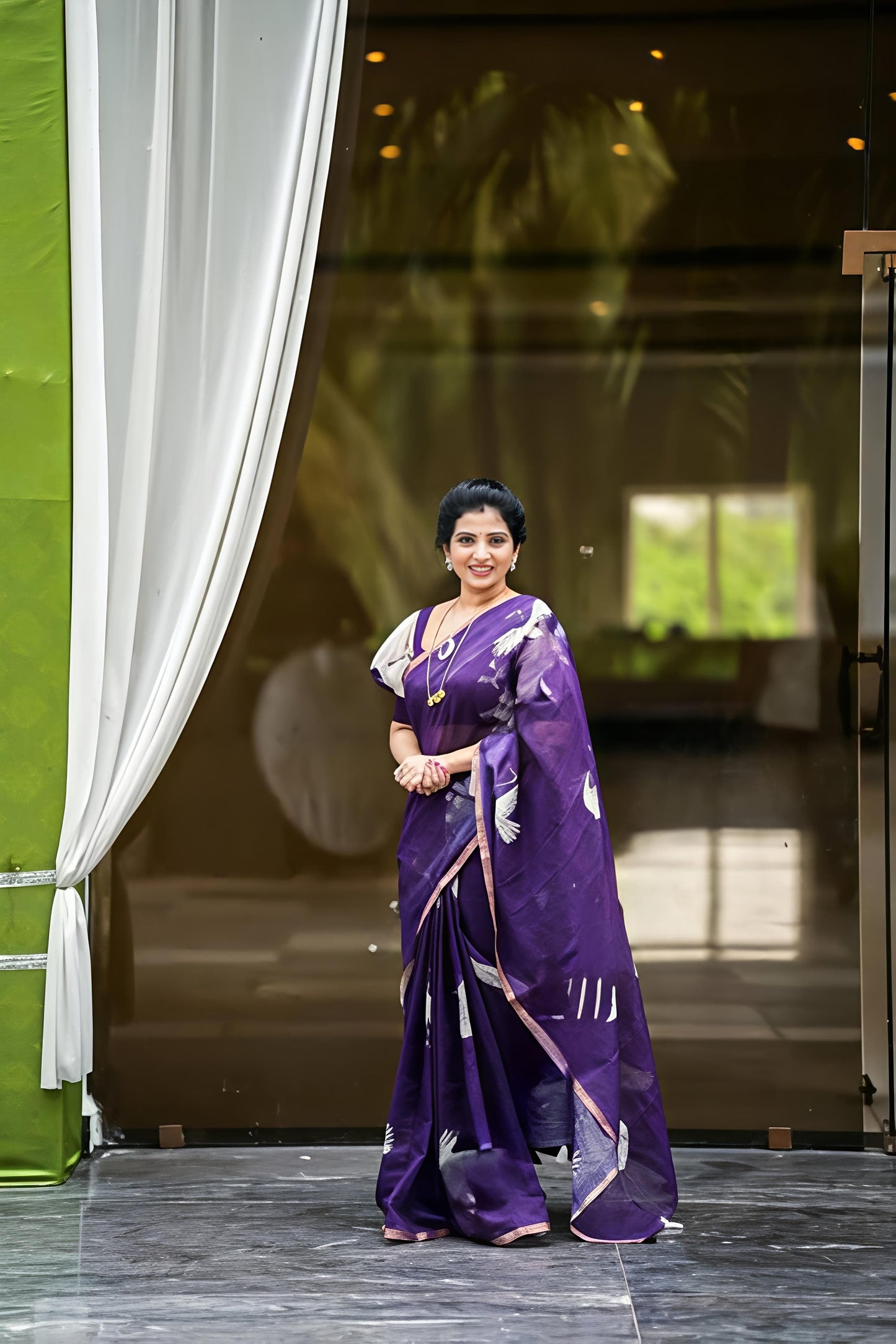 Elegant Purple Chanderi Cotton Saree With Crane Bird Print