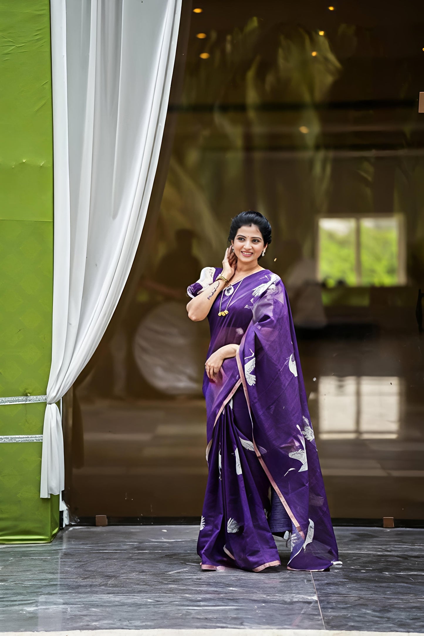 Elegant Purple Chanderi Cotton Saree With Crane Bird Print