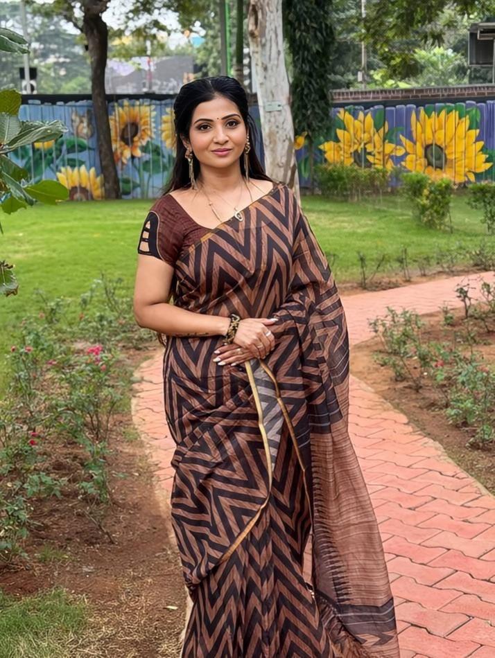 Terracotta And Black Zigzag Print Chanderi Cotton Saree