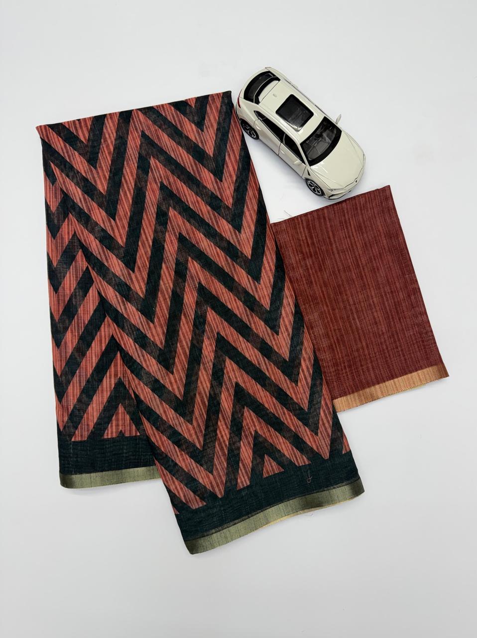 Terracotta And Black Zigzag Print Chanderi Cotton Saree