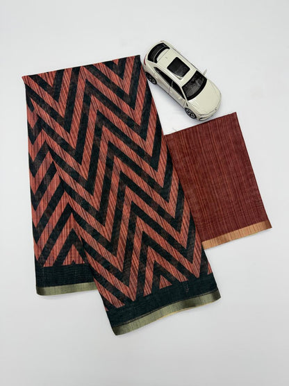 Terracotta And Black Zigzag Print Chanderi Cotton Saree