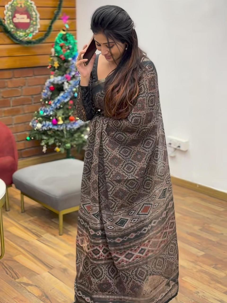 Charcoal Black Ajrakh Print Chanderi Cotton Saree
