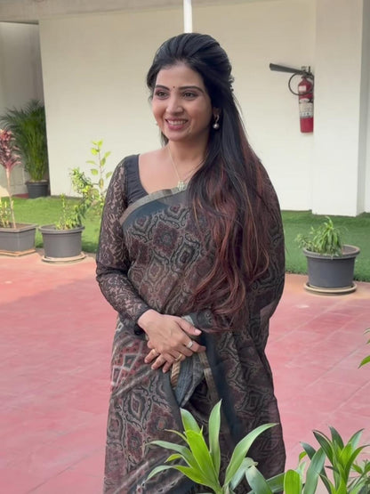Charcoal Black Ajrakh Print Chanderi Cotton Saree