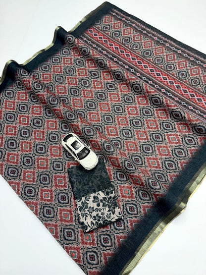 Charcoal Black Ajrakh Print Chanderi Cotton Saree