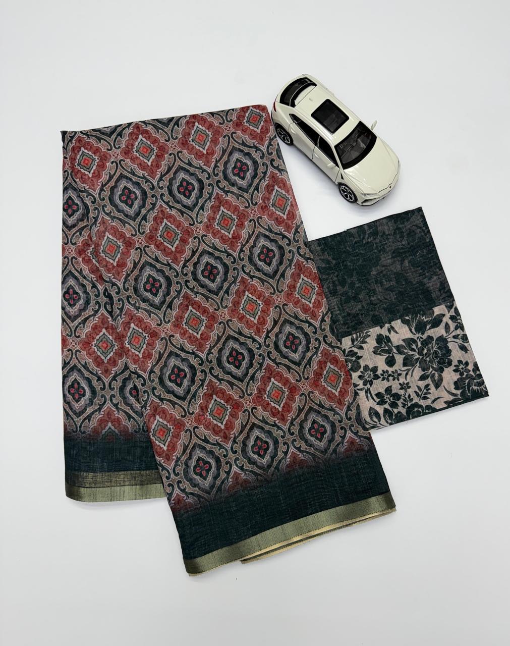 Charcoal Black Ajrakh Print Chanderi Cotton Saree