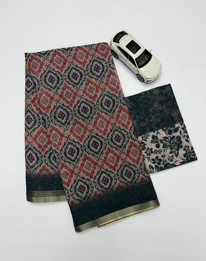 Charcoal Black Ajrakh Print Chanderi Cotton Saree