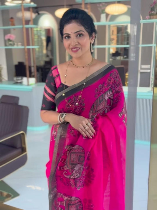 Vibrant Pink Elephant Motif Chanderi Cotton Saree