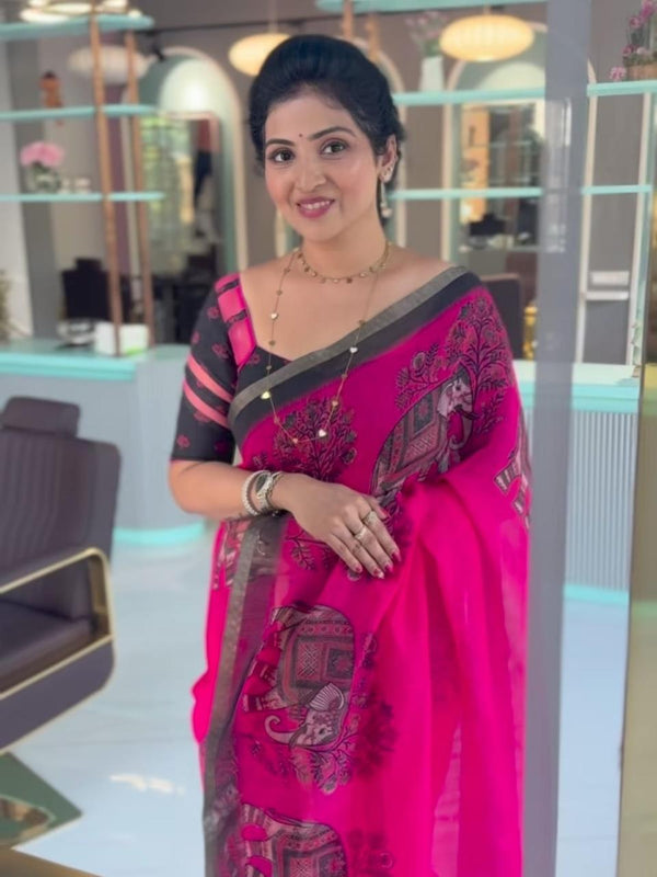 Vibrant Pink Elephant Motif Chanderi Cotton Saree