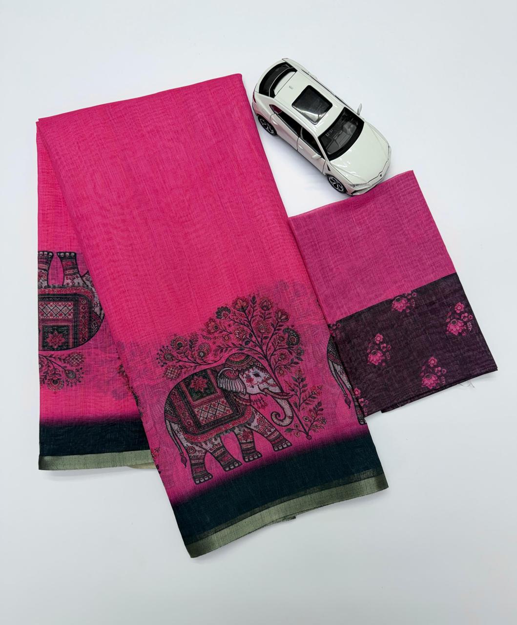 Vibrant Pink Elephant Motif Chanderi Cotton Saree