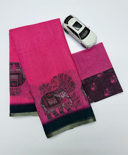 Vibrant Pink Elephant Motif Chanderi Cotton Saree