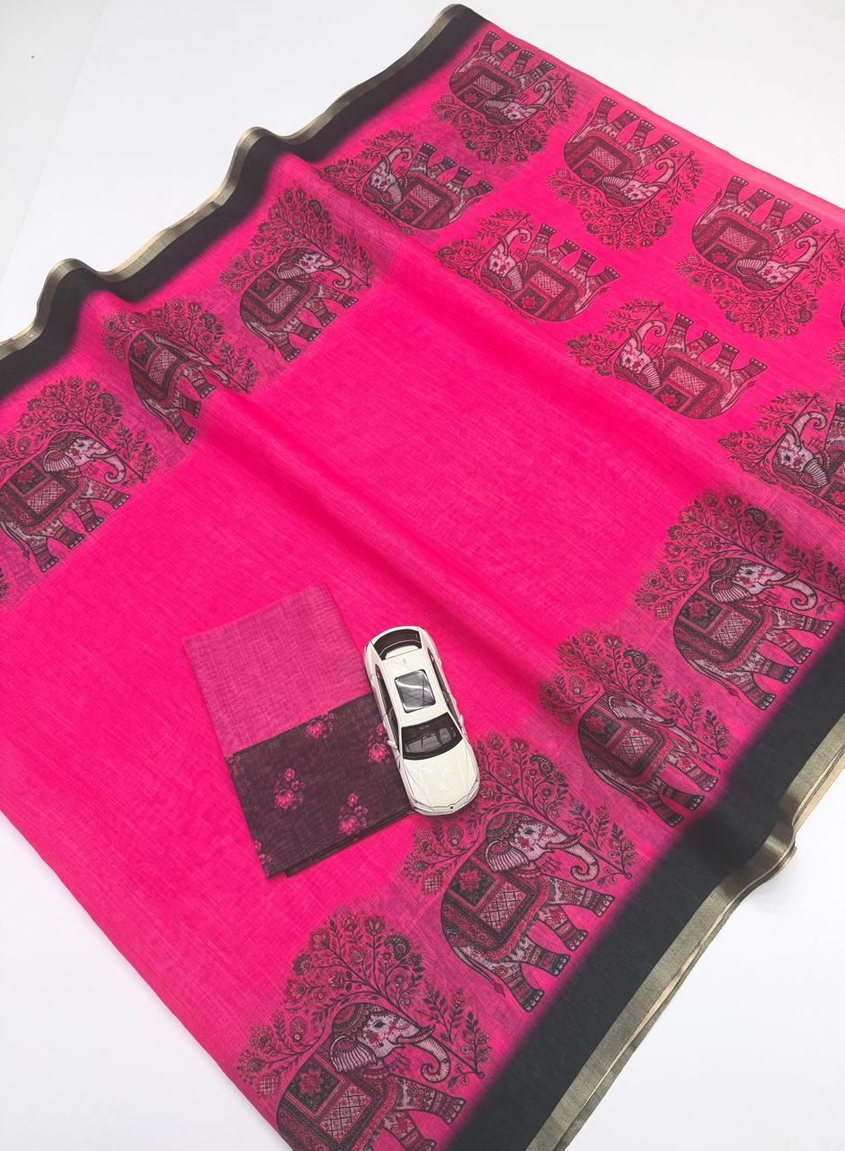 Vibrant Pink Elephant Motif Chanderi Cotton Saree