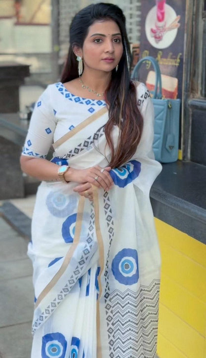 White And Blue Evil Eye Print Chanderi Cotton Saree