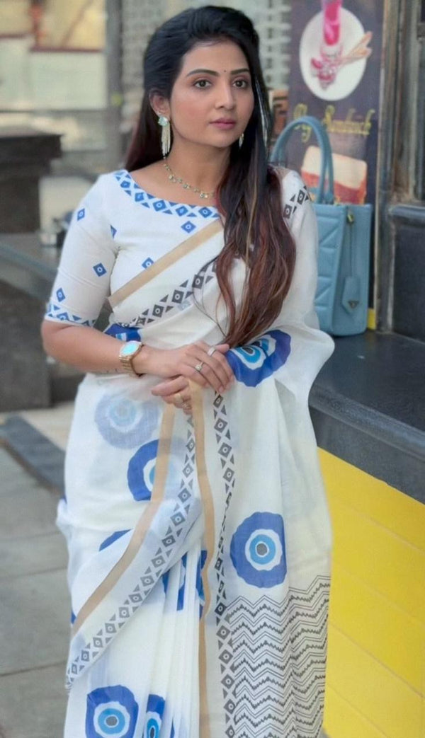 White And Blue Evil Eye Print Chanderi Cotton Saree