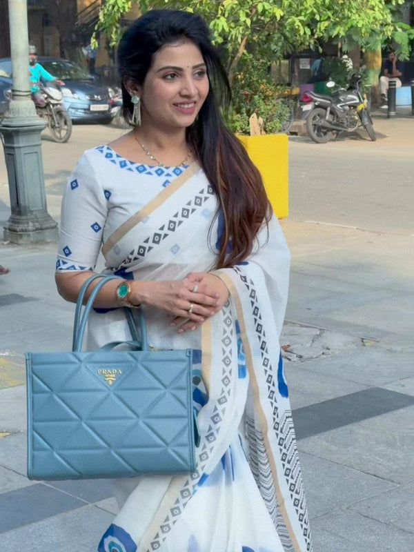 White And Blue Evil Eye Print Chanderi Cotton Saree