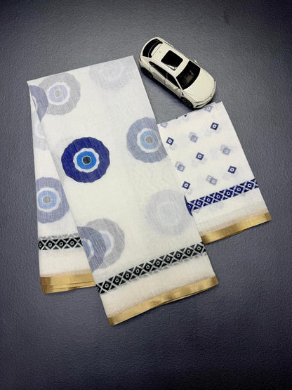White And Blue Evil Eye Print Chanderi Cotton Saree