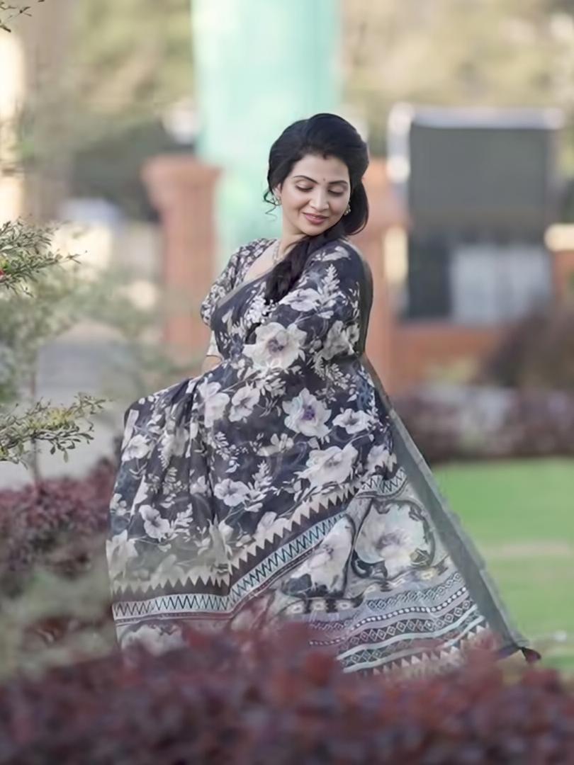 Midnight Blue Floral Print Chanderi Cotton Saree