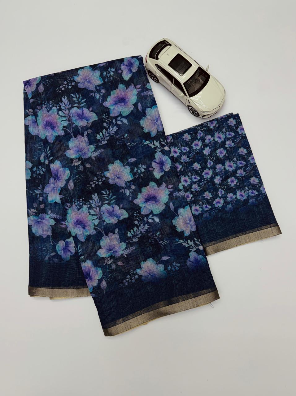 Midnight Blue Floral Print Chanderi Cotton Saree