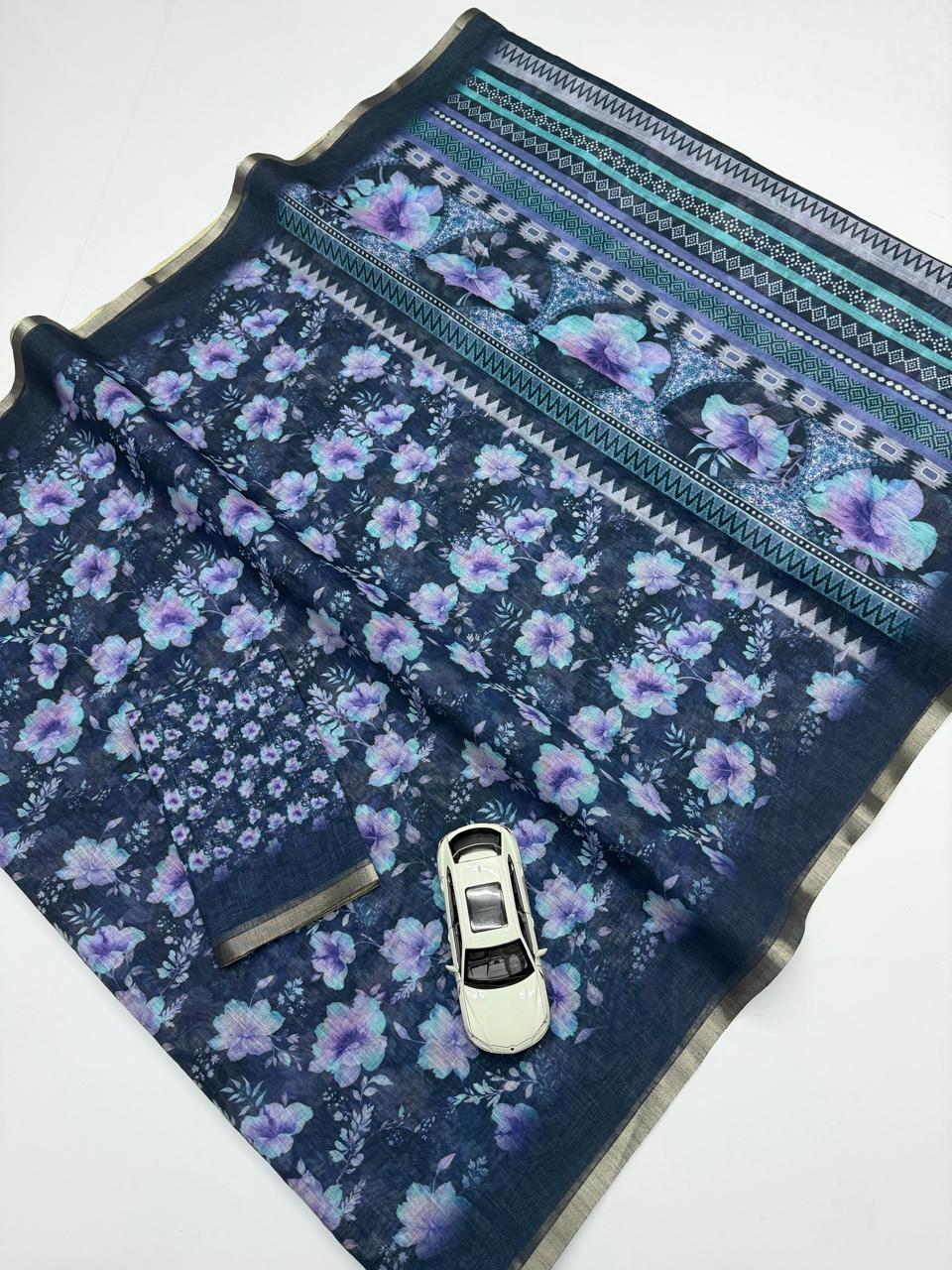 Midnight Blue Floral Print Chanderi Cotton Saree