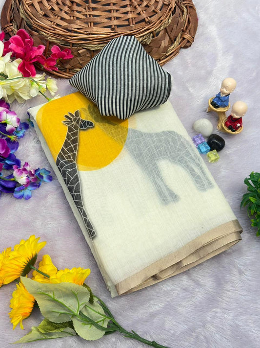 Off White Giraffe Motif Chanderi Cotton Saree