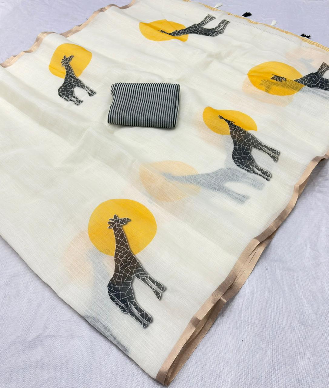 Off White Giraffe Motif Chanderi Cotton Saree