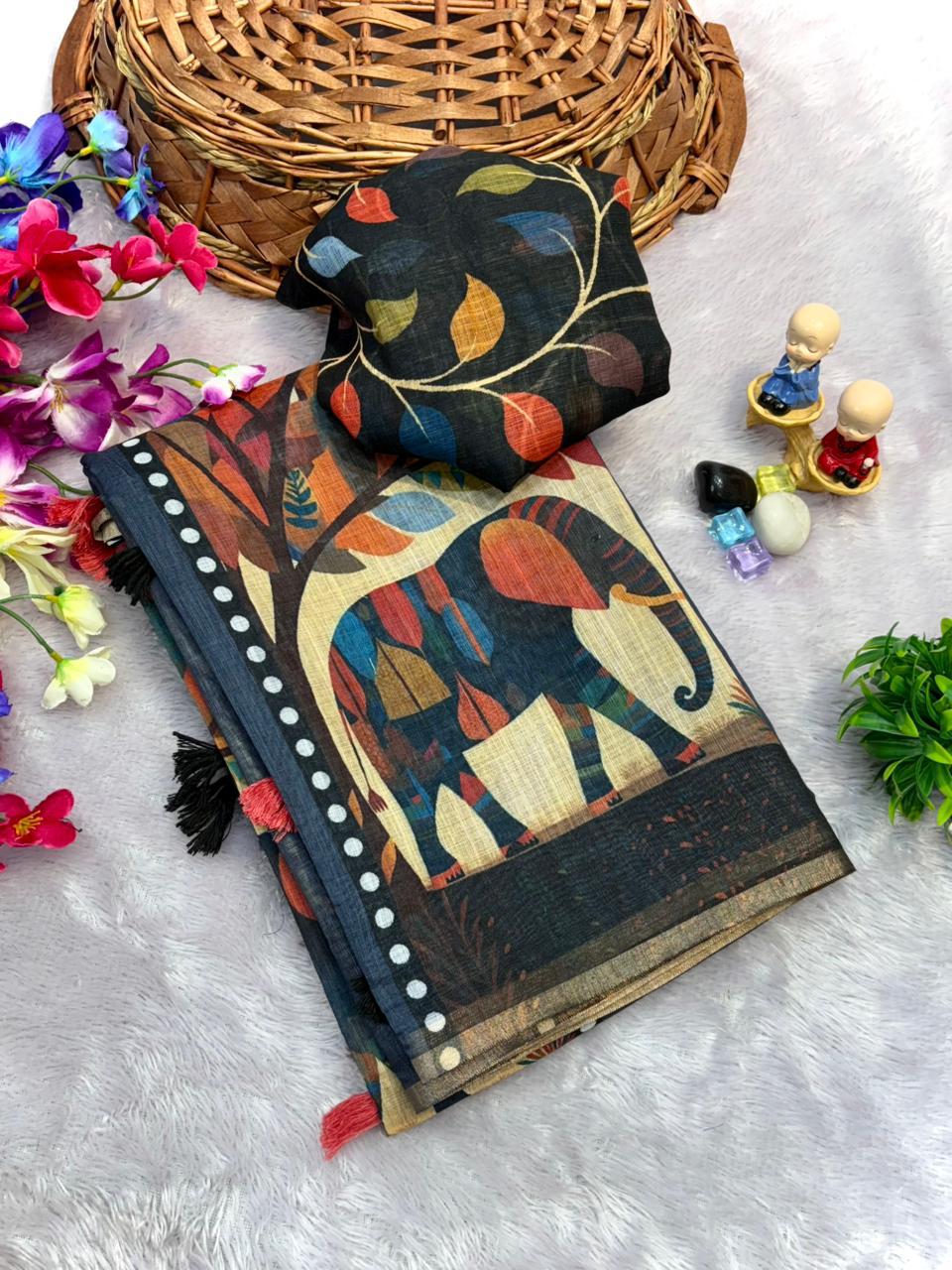 Deep Navy Blue Elephant Block Print Chanderi Cotton Saree