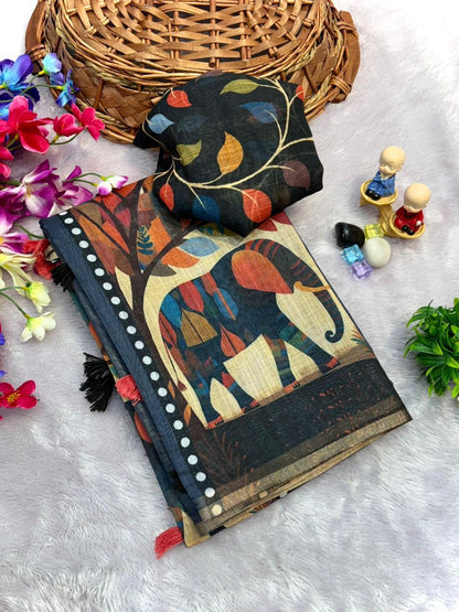 Deep Navy Blue Elephant Block Print Chanderi Cotton Saree