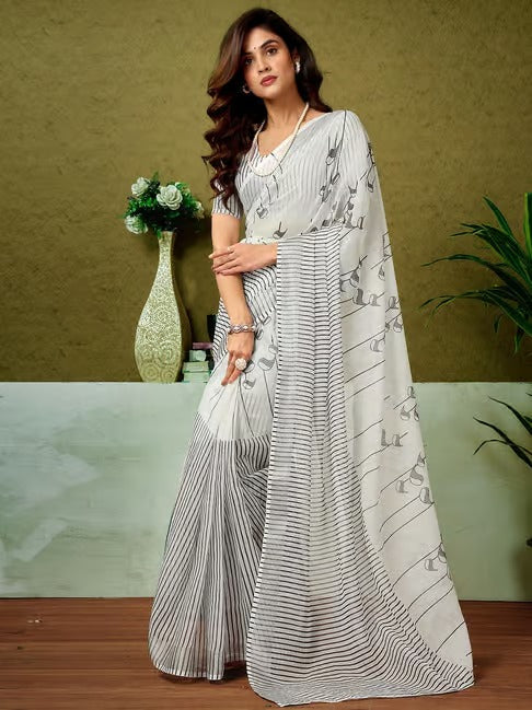 White and Charcoal Grey Printed Linen Saree
