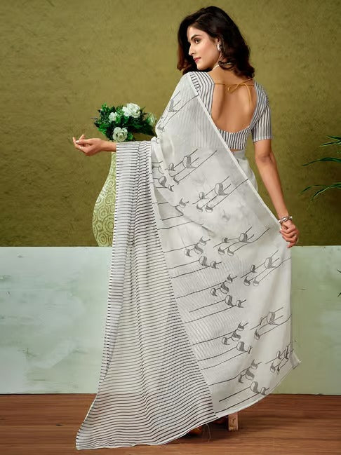 White and Charcoal Grey Printed Linen Saree