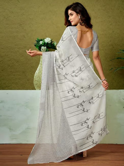 White and Charcoal Grey Printed Linen Saree