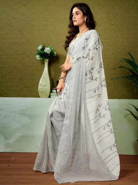 White and Charcoal Grey Printed Linen Saree