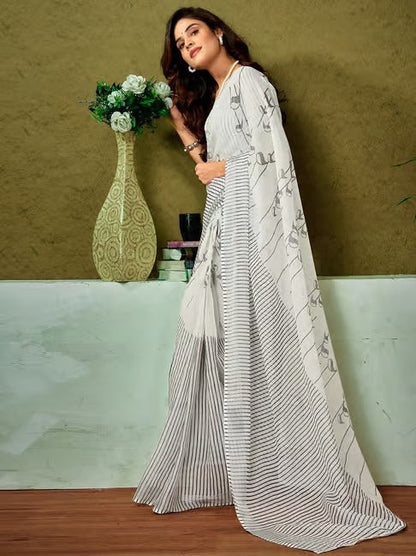 White and Charcoal Grey Printed Linen Saree