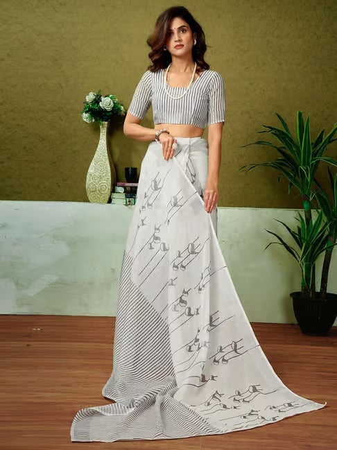 White and Charcoal Grey Printed Linen Saree
