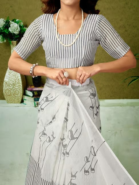 White and Charcoal Grey Printed Linen Saree