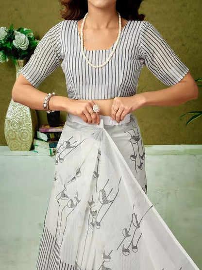 White and Charcoal Grey Printed Linen Saree