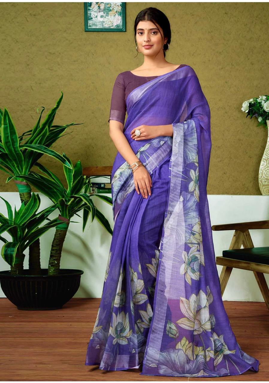 Ready To Wear Purple Linen Floral Printed Saree