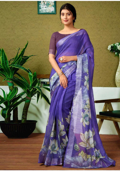 Ready To Wear Purple Linen Floral Printed Saree