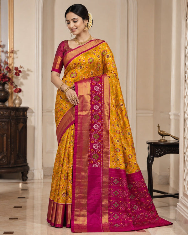 Yellow and Magenta Pochampally Ikkat Silk Saree Gold Zari