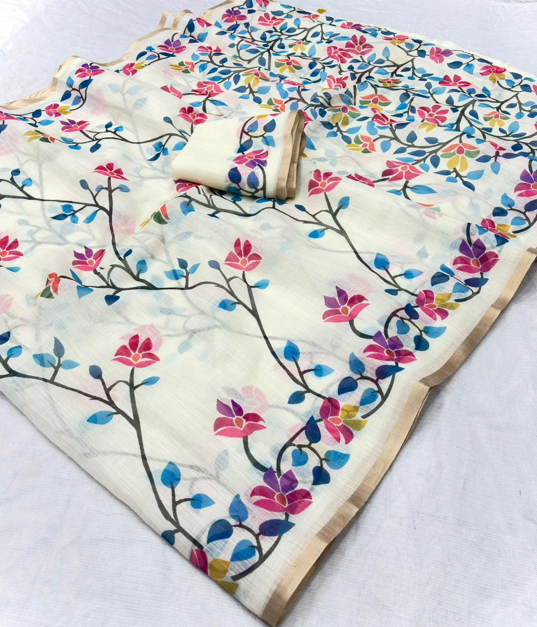 Cream Off-White Floral Print Pure Linen Saree