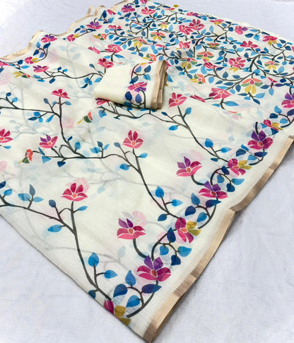 Cream Off-White Floral Print Pure Linen Saree