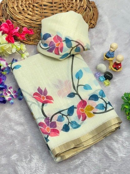 Cream Off-White Floral Print Pure Linen Saree