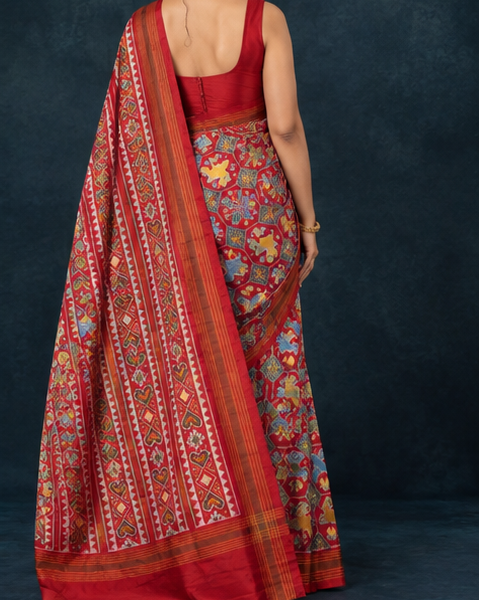 Orange and Maroon Patola Saree with Traditional Geometric Patterns, Rich Pallu, and Silk Mark Certification