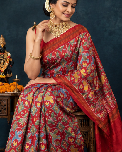 Orange and Maroon Patola Saree with Traditional Geometric Patterns, Rich Pallu, and Silk Mark Certification